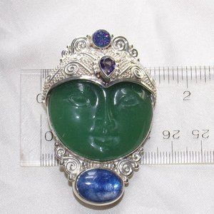 Vintage Sajen/Offerings Aventurine Sterling Silver Moon Face Goddess Pin/Pendant